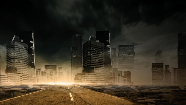 La ciudad en ruinas con nubes dramáticas Concepto de fondo de Halloween aterrador