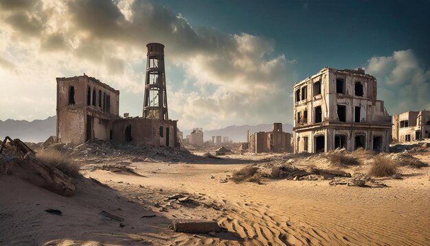 Ciudad en ruinas post-apocalíptica y edificios antiguos en el paisaje desértico renderización 3D