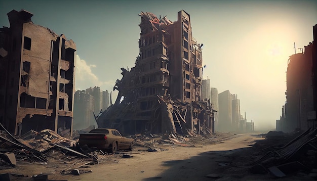 Una ciudad en ruinas postapocalíptica Edificios destruidos Carreteras destruidas Rascacielos volados El concepto del apocalipsis Ai generativo