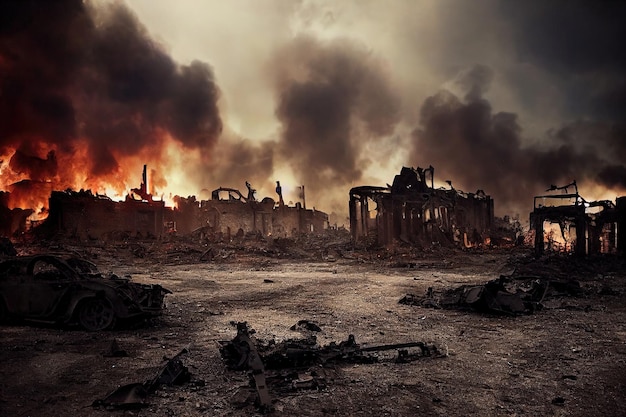 Una ciudad en ruinas postapocalíptica. Edificios destruidos, vehículos quemados y carreteras en ruinas.