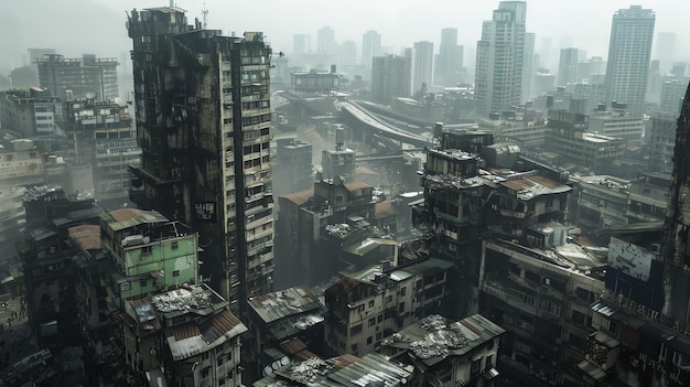 Foto una ciudad en ruinas y superpoblada los edificios son altos y estrechos y las calles están llenas de gente