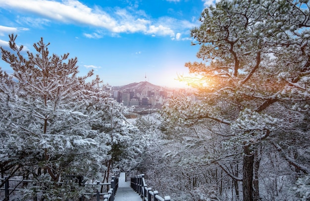 La ciudad de Seúl en invierno con nieve y la Torre de Seúl Corea del Sur