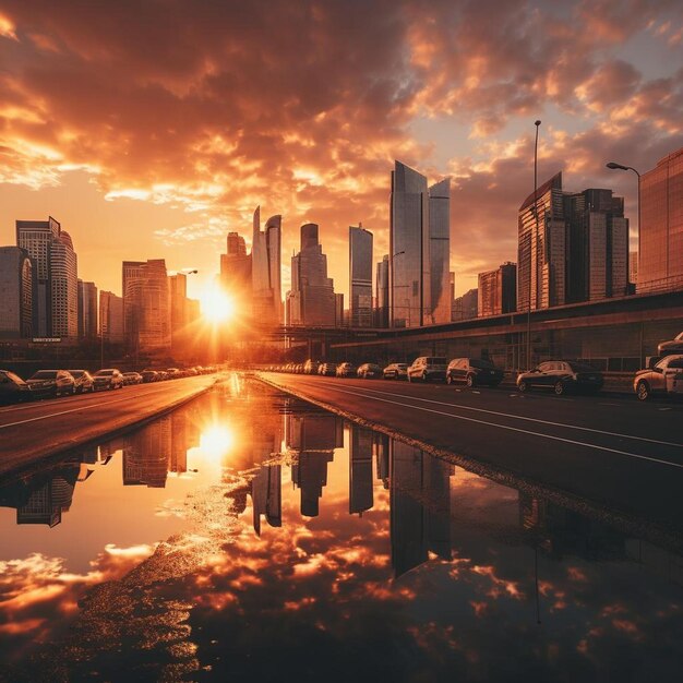 Una ciudad con el sol poniéndose detrás de un paisaje urbano.