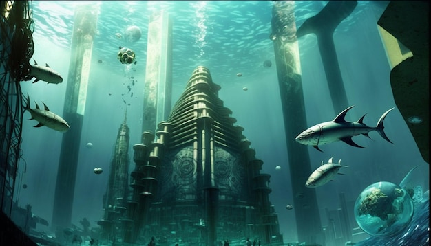 La ciudad submarina de Atlantis es un edificio gigante con un pez nadando en él.