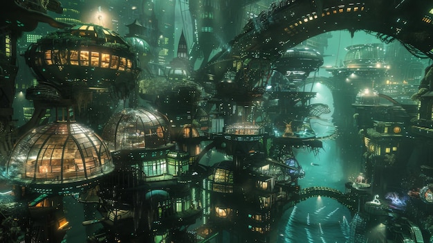 Ciudad submarina futurista con edificios abovedados iluminados con un resplandor verdoso que muestra arquitectura y diseño avanzados