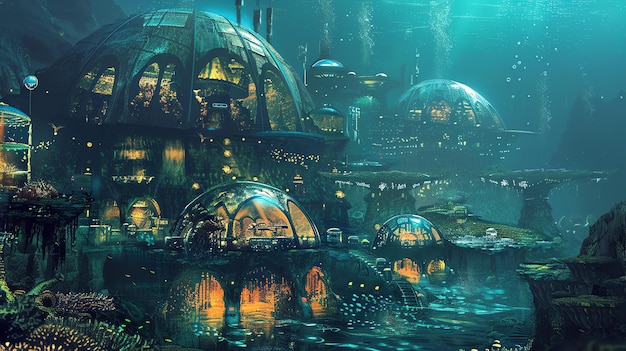 Una ciudad submarina futurista con luces brillantes y grandes estructuras con cúpulas