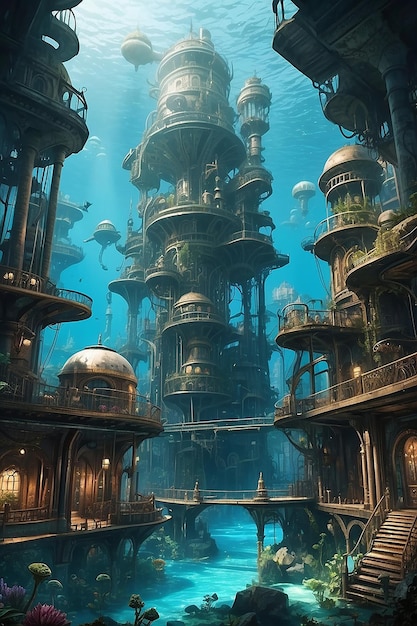 Foto una ciudad submarina inspirada en el steampunk alimentada por respiraderos geotérmicos