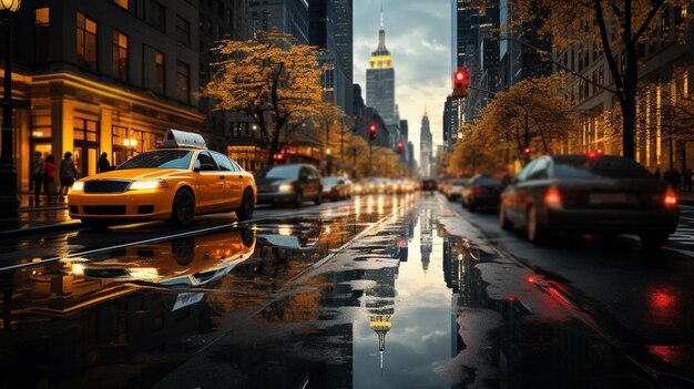 Ciudad con un taxi amarillo