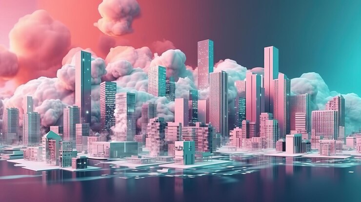 Ciudad tecnológica coloreada en fondo de diseño plano Generativo ai