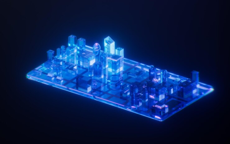 Foto ciudad en el teléfono con efecto de luz de neón oscuro renderización 3d