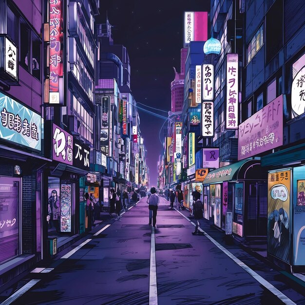 Ciudad de Tokio por la noche anime y manga dibujo ilustración vistas de la ciudad neón púrpura