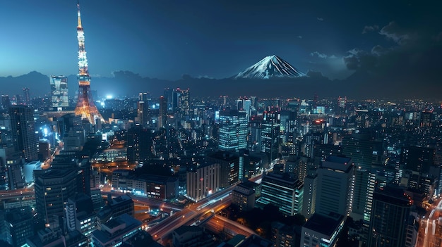 La ciudad de Tokio por la noche con la montaña en el fondo paisaje urbano