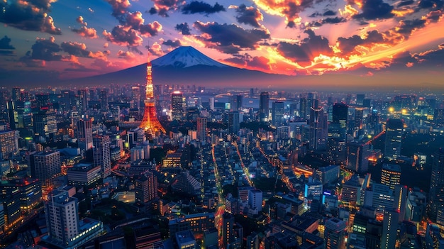 Foto la ciudad de tokio por la noche con la montaña en el fondo