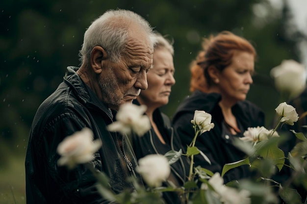 ciudad triste con rosas blancas llorando en un funeral