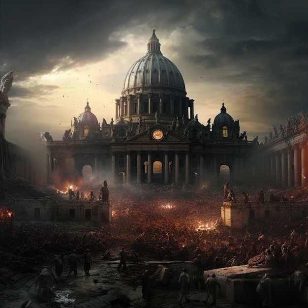 Ciudad del Vaticano post-apocalíptica con zombies.