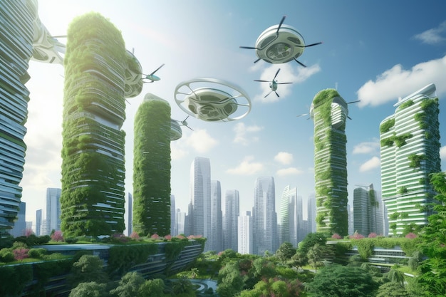 Ciudad verde de alta tecnología del futuro con vehículos autónomos y drones zumbando por encima