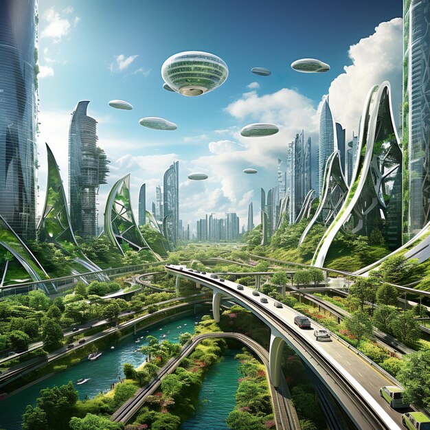 Ciudad verde futurista con varios puentes y carreteras sobre el río