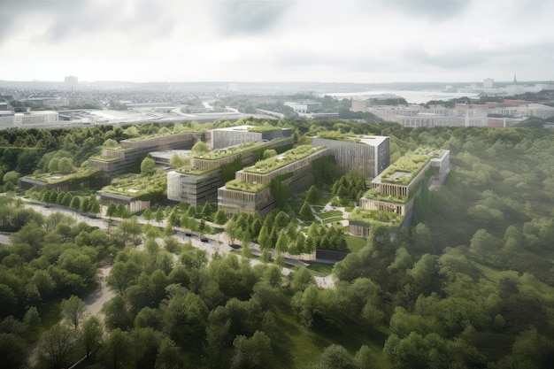 Ciudad verde del futuro con escuelas, parques y hospitales a la vista