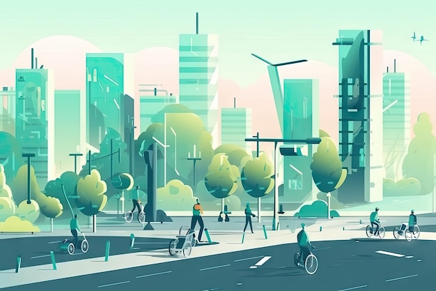 Ciudad verde del futuro con gente caminando y andando en bicicleta en scooters y automóviles eléctricos