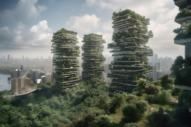 Ciudad verde del futuro con imponentes edificios ecológicos e infraestructura ecológica