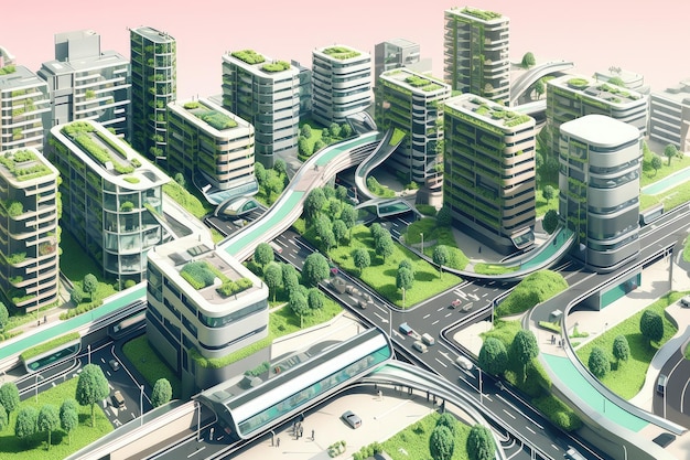 Ciudad verde del futuro con transporte masivo y vehículos de cero emisiones y transporte activo