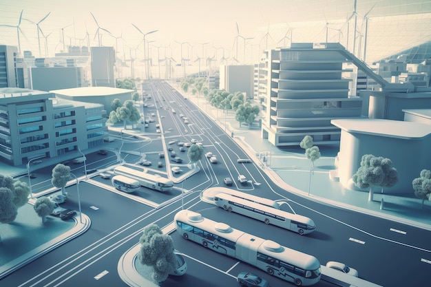 Ciudad verde del futuro con vehículos eléctricos e infraestructura para respaldarlos