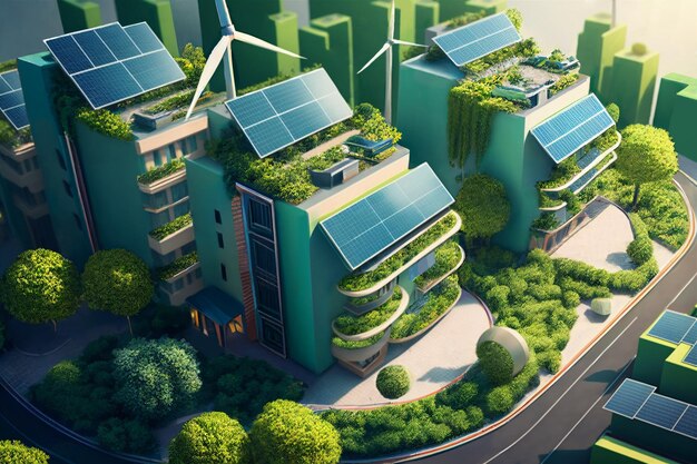 Foto ciudad verde moderna en concepto ecológico con paneles solares y generadores eólicos