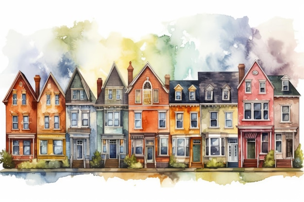 ciudad vibrante calle de la ciudad con edificios de diferentes colores Ilustración acuarela
