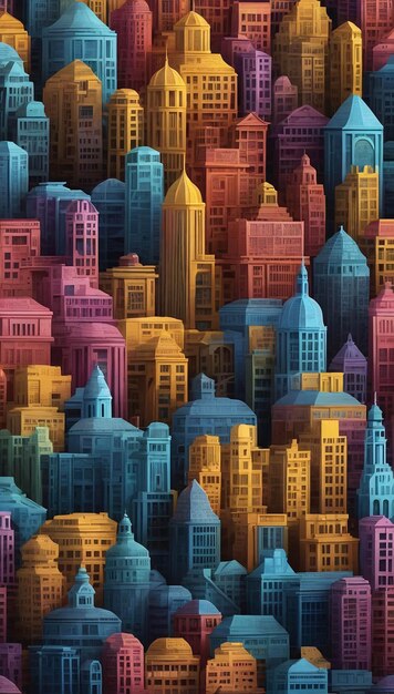 Foto ciudad vibrante y colorida con edificios altos escenario de fantasía moderna diseño único para el cuento de hadas