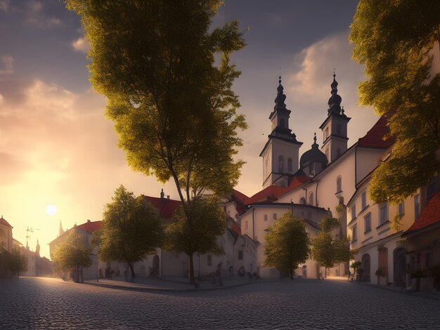 Ciudad vieja europea a la luz del atardecer