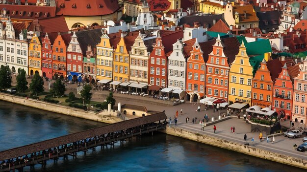 Foto ciudad vieja y río motlawa en gdansk, polonia