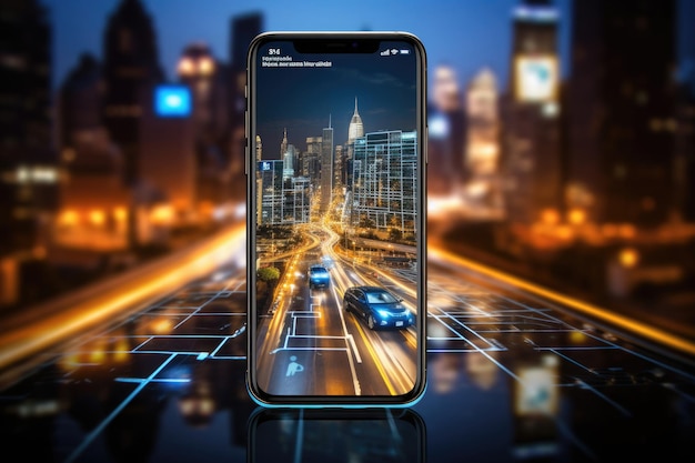 Ciudad virtual en la pantalla de un teléfono inteligente Paisaje urbano de realidad aumentada Utilizando un dispositivo tecnológico en un viaje por carretera Creado con IA generativa