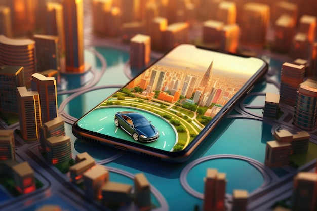 Ciudad virtual en la pantalla de un teléfono inteligente Paisaje urbano de realidad aumentada Utilizando un dispositivo tecnológico en un viaje por carretera Creado con IA generativa