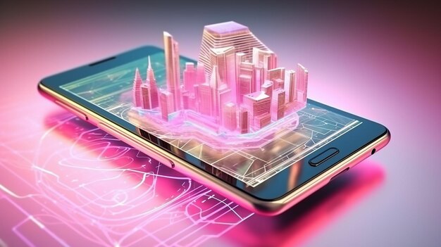 Foto ciudad virtual en la pantalla de un teléfono inteligente realidad aumentada