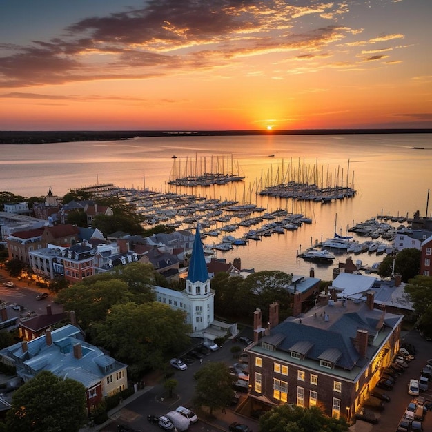 una ciudad con una vista del lago y una puesta de sol en el fondo