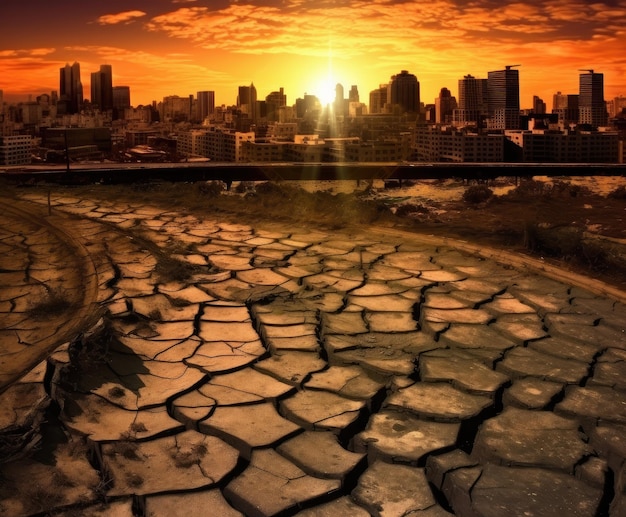 Ciudad con vistas al desolado paisaje desértico con tierra agrietada