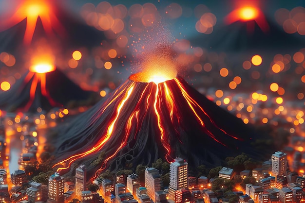 ciudad con un volcán en el fondo