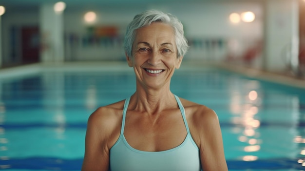 Ciudadana mayor con buena salud y jubilada mirando a la cámara mientras está de pie en la piscina feliz anciana con buena salud viviendo un estilo de vida activo La IA generativa