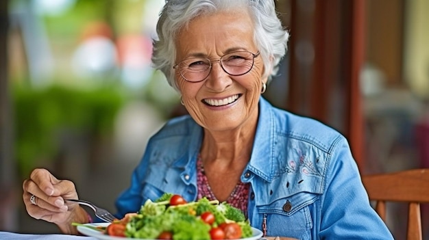 Foto ciudadano de la tercera edad disfrutando de una ensalada de verduras frescas mientras usa ia generativa