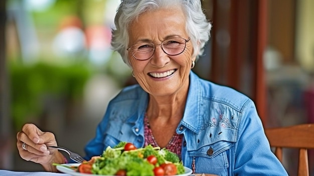 Ciudadano de la tercera edad disfrutando de una ensalada de verduras frescas mientras usa IA generativa