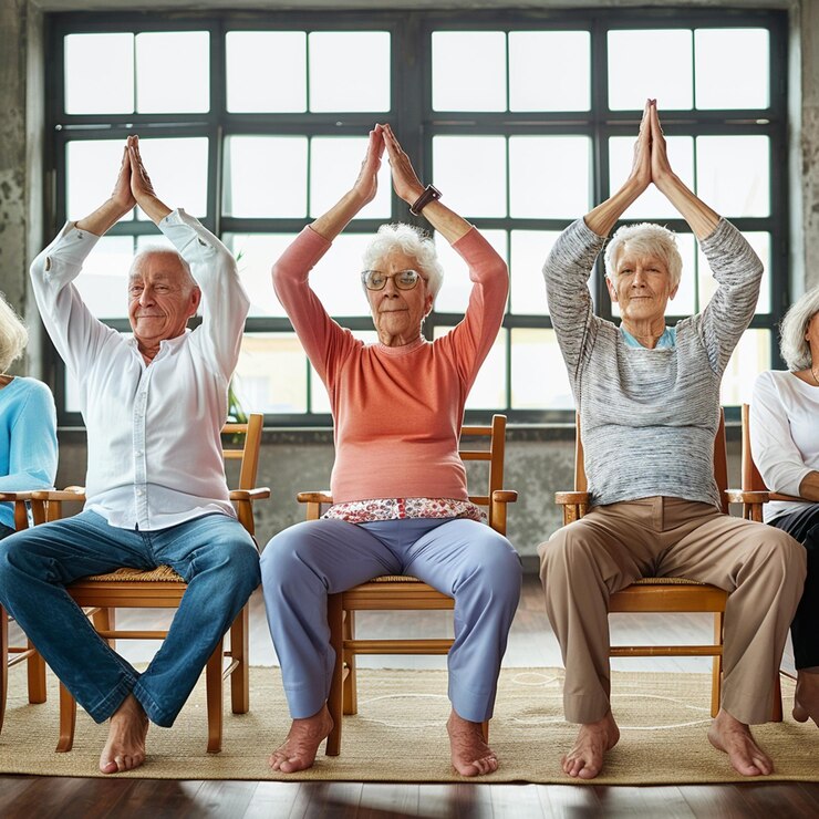 Ciudadanos mayores haciendo ilustraciones de yoga en silla