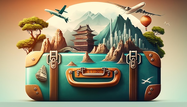 Ciudades asiáticas Asia verano viajes vacaciones banner Generativo AI ilustración