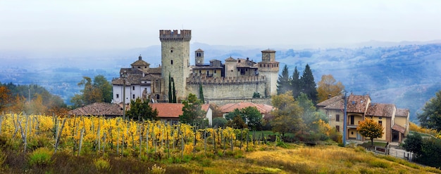 Ciudades y castillos medievales de Italia -Vigoleno con viñedos en Emilia-Romagna