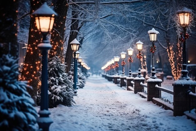 Ciudades polacas mágicas luces navideñas sobre un fondo nocturno nevado con espacio vacío para texto