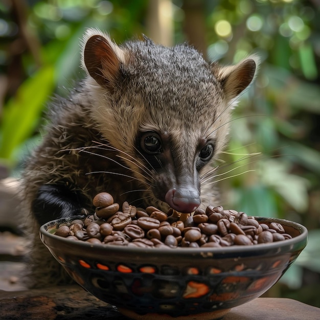 Una civeta de palma asiática también conocida como luwak comiendo granos de café de un cuenco