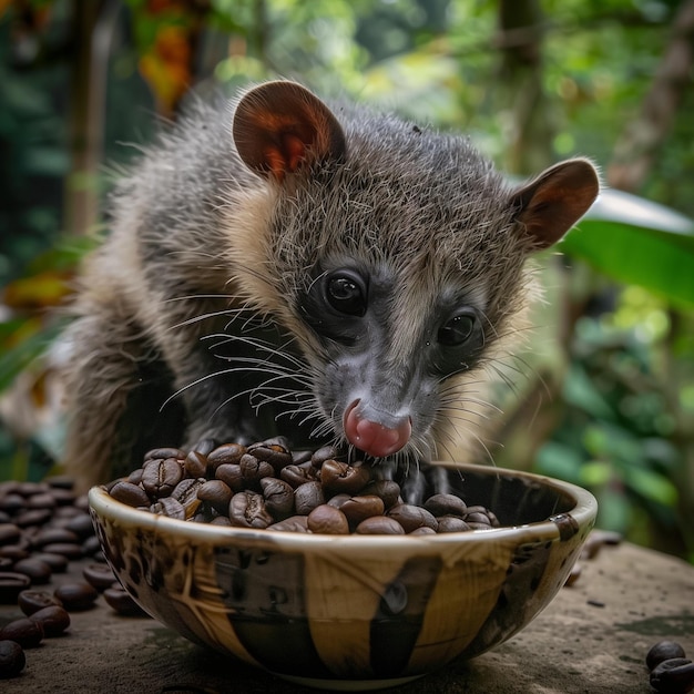 Una civeta de palma asiática también conocida como luwak comiendo granos de café de un cuenco