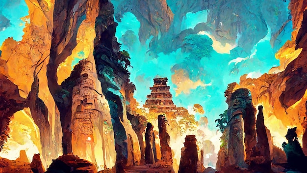 Civilización maya bosque tierra cueva ilustración 3D