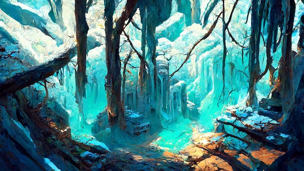 Civilización maya Nieve y hielo bosque tierra cueva 3D ilustración