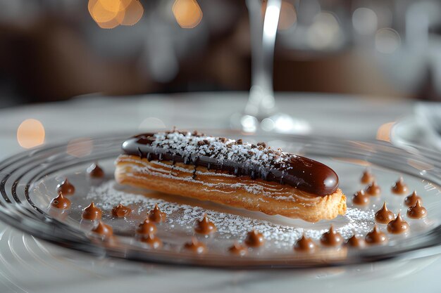 Éclair francês encharcado de chocolate num prato de vidro