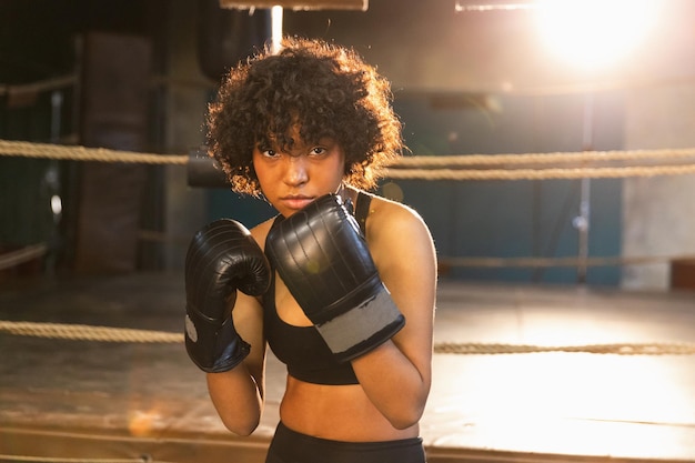 Clamor feminino independente, lutadora afro-americana com raiva, com luvas de boxe, parecendo séria